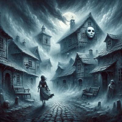 The primary subject of the image is a woman walking down a street in a small town. The setting is a quaint, old-fashioned town with a cloudy sky overhead. The visual style is a digital art illustration, giving the scene a surreal and eerie atmosphere. The colors are predominantly dark, with the woman's dress being the only bright spot in the scene. The overall mood is one of mystery and intrigue, as the woman appears to be walking towards a haunting figure in the distance